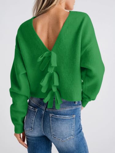 Image of Saodimallsu Womens Bow Sweater Cropped V Neck Long Sleeve Pullover Tops