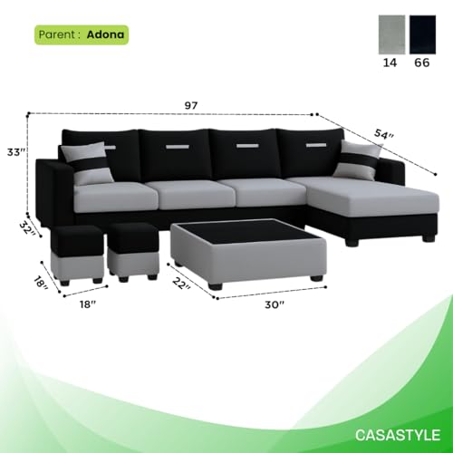 Image of CASASTYLE Adonway 8 Seater Fabric RHS L Shape Sofa Set (Light Grey-Black) Premium Velvet Finish | Ideal for Living Rooms