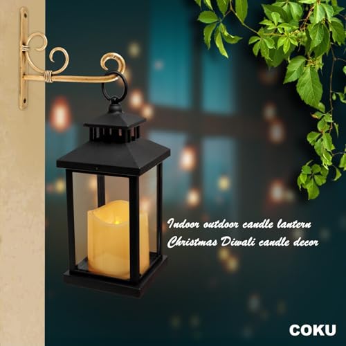 Image of Coku LT-22 Vintage LED Lantern with Pillar Candle, Battery Operated Wall Hanging Lamp, Flameless Antique Glass Holder for Home Decor, Diwali (Black, Pack 2)