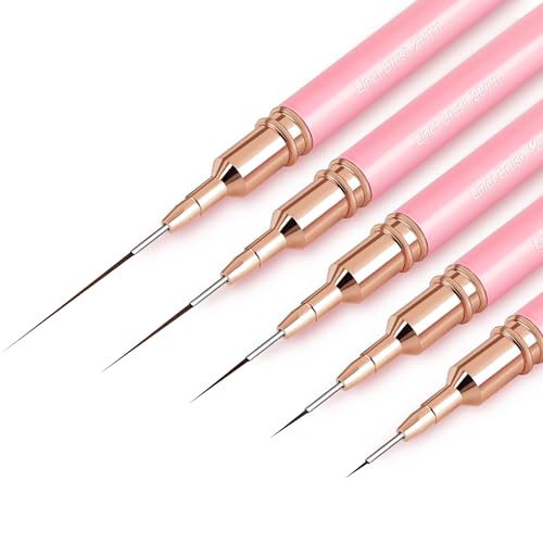 Pennelli per nail art, 5 pennelli per nail art, set di pennelli per disegnare e punteggiare le unghie, per linee lunghe, dettagli sottili, dimensioni 4/8/12/20/27 mm，rosa