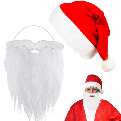 Okedar Gorro de Papá Noel con barba, gorro de Papá Noel, rojo, gorro de Papá Noel, gorro de Papá Noel, barba de Papá Noel, borde grueso de pelo de peluche, sombrero de fiesta de Navidad para Navidad