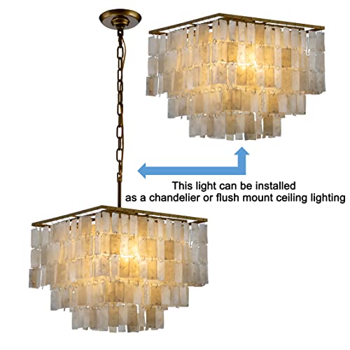 ALOADECOR 3 Lights Costal Square Antique Brass Flush Mount Ceiling Light with Rectangle Capiz Natural Seashells Shade Modern Shells Chandeliers for Living Room Dining Room Bedroom W 16.4 inch - Image 7