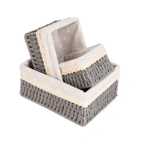 Wicker Baskets for Organizing, Natural Paper Rope Basket Set with Liner (3 Pack Grey)