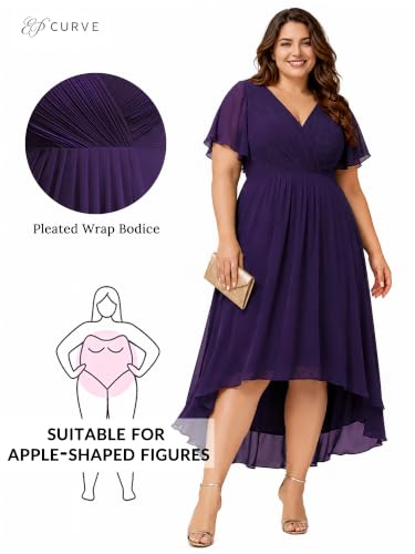 Image of Ever-Pretty Plus Women's Chiffon Midi Plus Size Formal Wedding Guest Dress | V-Neck, Short Sleeve, High Low, Ruched Bust, Empire Waist, Plus Size Cocktail Dress Semi Formal Dresses