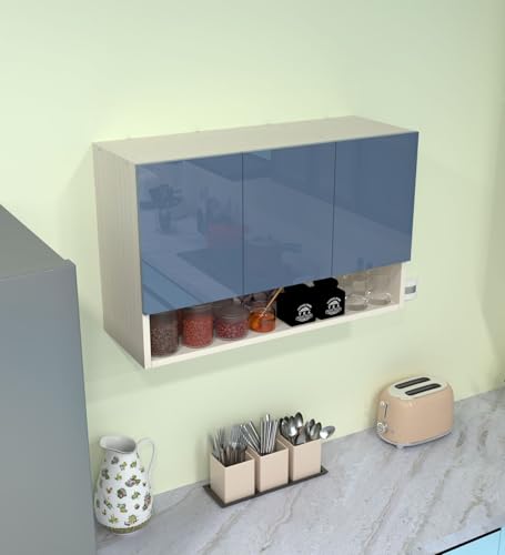 Image of SPECIALITY PANELS 3 Door Wall Cabinet with UV Profile Shutter | Wall Mounted Storage Cabinet for Kitchen Bathroom Living Room | Wooden Wall Cabinet Organizer Blueberry Finish | DIY Assembly