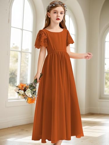 BONOYUER Short Sleeve Junior Bridesmaid Dress for Girls A Line Long Chiffon Formal Party Flower Girl Dress with Belt3