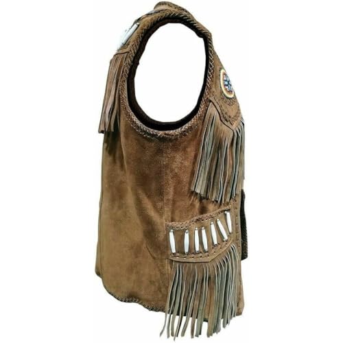Western Style Cow Suede Leather Vest for Men with Native American-Inspired Design, Fringes, Beads & Braid3