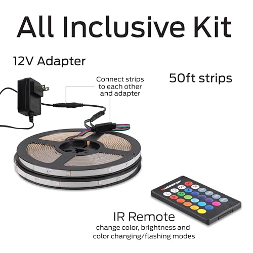 Image of Monster 50 Foot RGB LED Light Strip with Remote Control, 270 RGB LEDs, Adhesive Backing, Coated for Moisture Protection, Dimmable, 24V Plug, 4 Modes Including Strobe, Flash, Fade & Smooth