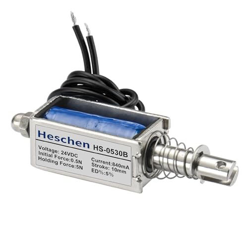 Heschen Électromagnéte solénoïde DC, Type de traction poussée, HS-0530B, DC24V 840mA, Course de 10 mm, Force initiale 0.5N, Force de maintien maximale 5N, Cadre ouvert, Mouvement linéaire