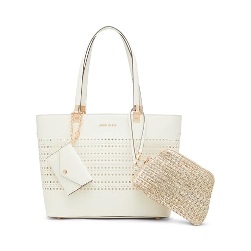 Bolso tote perforado Anne Klein con estuche de paja miniatura 1