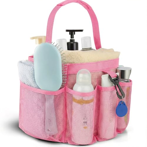 Mesh Shower Caddy Portable for College Dorm Room Essentials Hanging Shower Caddy Dorm Basket with 8 Pockets Quick Dry Shower Bag for Bathroom Beach Swimming Gym (Light Pink)