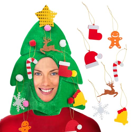DomeStar Christmas Tree Hat with 7PCS Ornaments, Funny Crazy Santa Hat for Party Celebrations