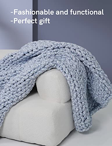 YnM Weighted Blanket, Handmade Chunky Knitted Design, Soft and Cozy, Temperature Regulating and Breathable, Machine Washable Throw for Sleep or Home Decor (Blue Fancy Yarn, 80x87 Inch, 25lbs)