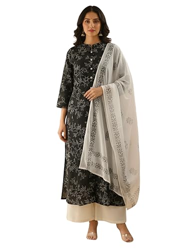 Image of Yash Gallery Women's Pure Cotton White Floral Rubber Print A-line Kurta Pant Set with Dupatta with Fancy Front Buttons, One Side Functional Pocket