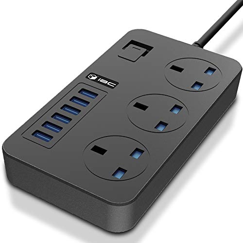 iBlockCube® Universal Power Strips 3 Way Outlets 6 (3.1A) USB Ports, Surge Protection Socket Switch Portable Charger 2 Meters (6.5FT) UK Plug Wall Adapter Cord, Fuse & Shutter Extension Lead (Black)