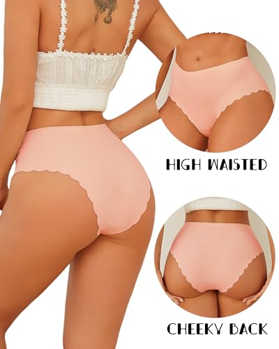Image of FINETOO Seamless Underwear for Women High Waisted Panties Scalloped Edge Sexy Cheeky Bikini No Show Briefs S-XXL 5 Pack