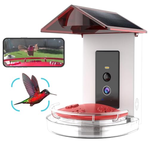 Quick Setup Smart Solar Hummingbird Feeder with Camera 1080P 2MP High-Def and WiFi AI Bird Identification Birdfeeder, Ant Guard Moat, Squirrel Alarm, Removeable Tray, Identifies 10,000+ Birds