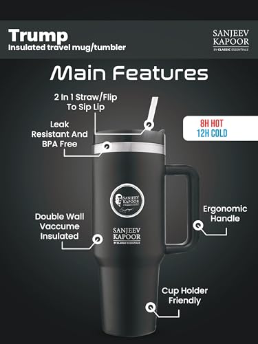 Image of Sanjeev Kapoor by Classic Essentials Stanley Stainless Steel 1200ML Tumbler with Lid and Straw, Hot and Cold Double Insulated Sipper Mug, 100% Leak Proof Coffee Tumbler Cupholder for Office (Black)