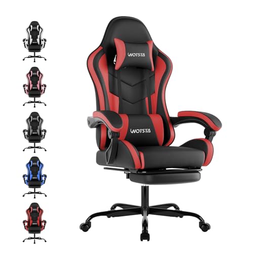 WOTSTA Gaming Chair Computerstuhl Ergonomischer Gaming Stuhl mit Fußstütze Bürostuhl Ergonomischer Computerstuhl mit Lendenwirbelstütze (BLKRD)