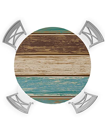 Teal Wood Grain Round Tablecloth with Elastic Retro Teal Brown Wooden Board Farm Barn Waterproof Stain-proof Table Cover Wipeable Fitted Table Cloth for 36