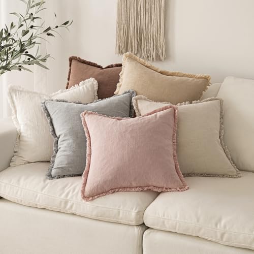 Image of MIULEE Valentines Decorative Throw Pillow Covers Neutral Linen Fringe Throw Pillows Set of 2 Light Pink Boho Farmhouse Cushion Covers for Couch Sofa Bed Living Room Spring Home Decor 18x18 Inch