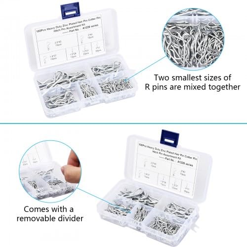 Confezione da 100 perni R-Cotter - 6 misure - Assortimento di perni a molla - Perni di sicurezza per rimorchi, auto e strumenti da giardino - Acciaio inossidabile