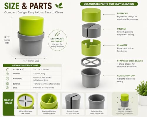 Image of Manual Nut Chopper for Dry Fruits, Almonds, Walnuts, Pistachios & Cashews, Hand Operated Plastic Dry Fruit Grinder with Stainless Steel Blades for Kitchen Use, Green & Grey | Not Electric |
