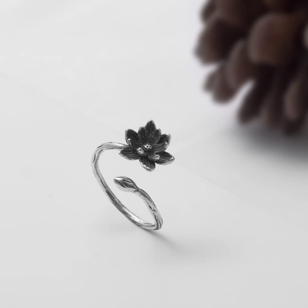HGJH Ring Aus 925Er Sterlingsilber, S925 Sterling Silber Lotus Ring Verstellbare Ringe Retro Offener Ring Silber Daumenring Ewigkeitsring Hochzeitscharme Schmuck Geschenke Für Männer Mädchen Damen