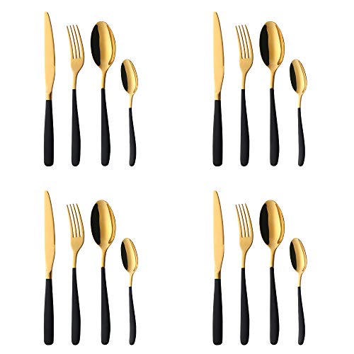 Oro Vajilla con Mango Negro Mostrada, Bisda 16 piezas Cuberteria Lujo Vajilla Servicio para 4