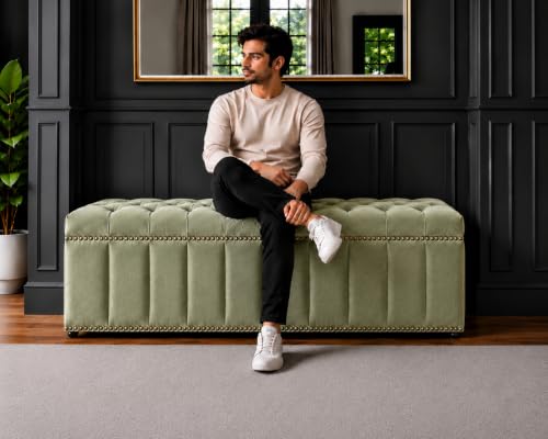 Image of Tufted Velvet Storage Ottoman Bench with Nailhead Trim (Green) | Storage Ottoman bench