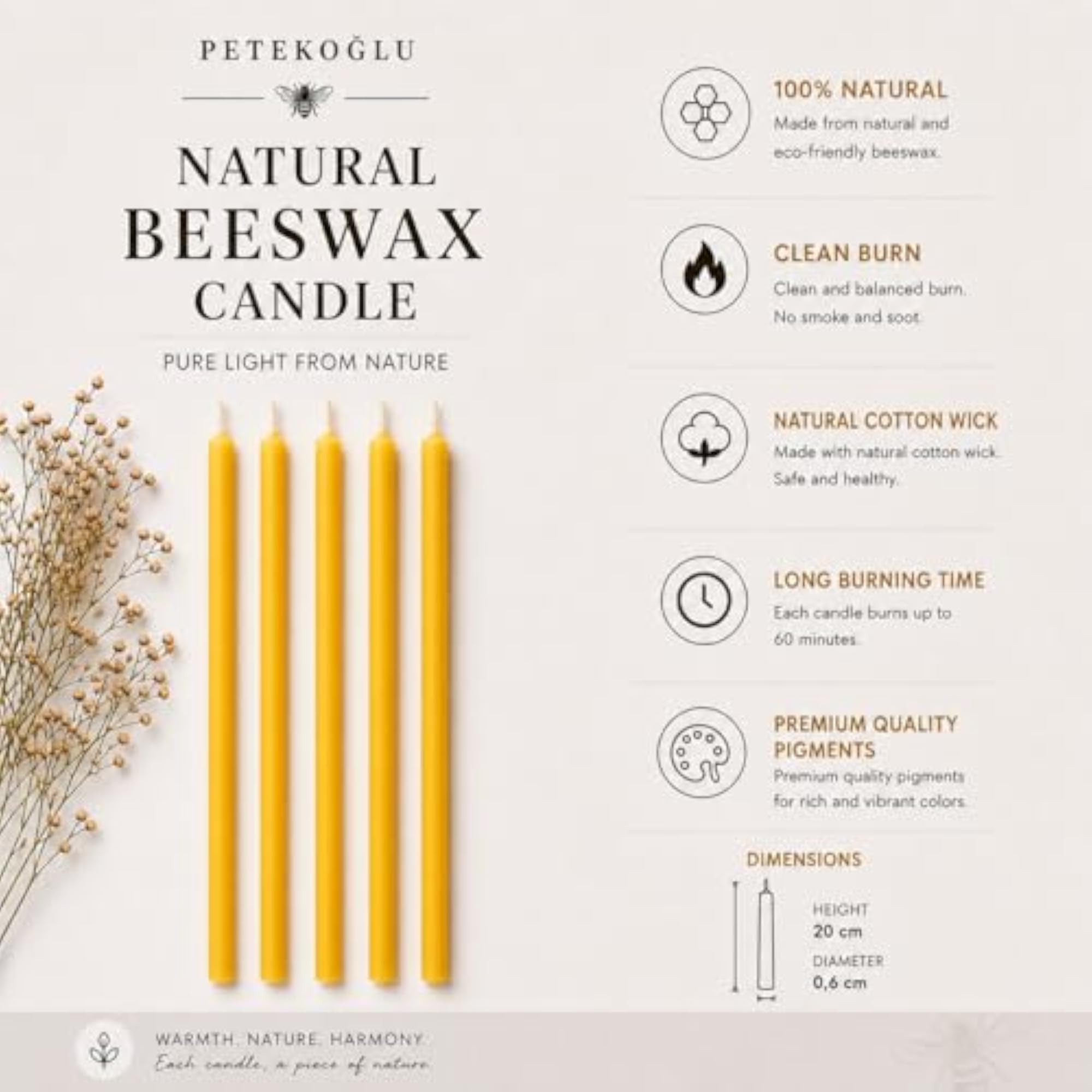 Handcrafted Beeswax Wish Candles, 15-Pack