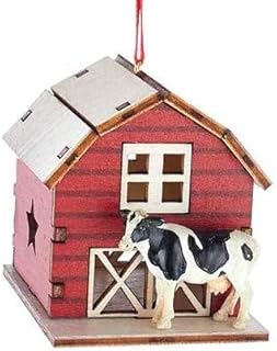 OnHoliday Laser Cut Wooden Red Barn with a Cow Christmas Tree Ornament