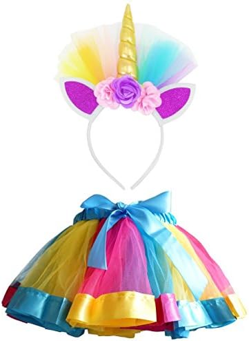 LYLKD Little Girls Layered Rainbow Tutu Skirts with Unicorn Horn Headband (Red White, 4-8X)