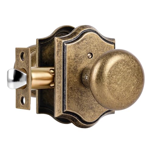 CLCTK Antique Brass Door Knobs Interior with Lock Vintage Privacy Antique Door Knobs Round Door Handles for Bedroom Bathroom Zinc Alloy 1 Pack