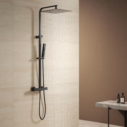 KOMIRO Colonne de Douche Noir, Colonne de Douche Thermostatique, 25 x 25 cm Douche de Tête et Haute Pression Douchette, Ensemble de Douche avec Mitigeur