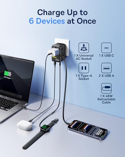 Image of Baseus 45W European Travel Plug Adapter, 6-in-1 Universal Power Adapter with USB-C Retractable Cable, PD Fast Charging GaN International Travel Essentials for Over 200 Countries - Picogo AG11