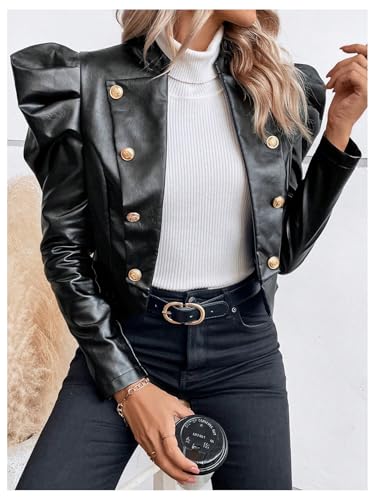 MakeMeChic Women's Open Front Gigot Long Sleeve Leather Jacket Button Decor Blazer Jackets4