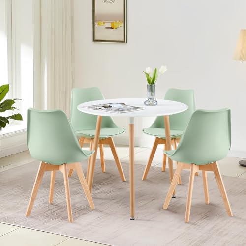 LafeuR Ensemble de Salle à Manger Table Ronde 80 cm avec 4 Chaises Scandinaves pour Salon, Bureau, Cuisine (Table Blanche + Chaises Vert Crème Glacée)
