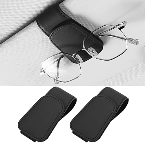 SAMGCHI 2 Packs Sunglass Holder for Car Sun Visor, Magnetic Eyeglass Hanger Clip for Car Visor, Leather Car Glasses Mount, Car Interior Visor Accessories (Black-2Pcs)