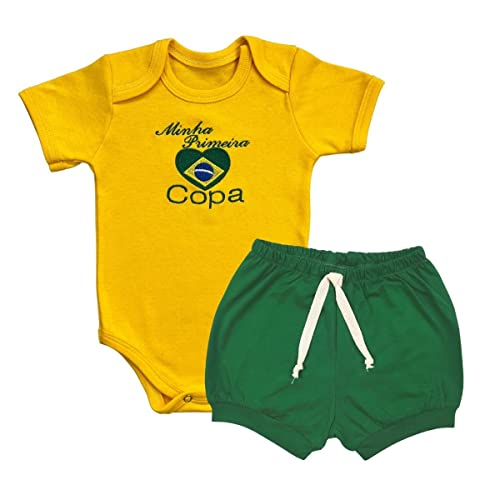Conjunto Roupa Bebê Body Copa Brasil Coração e Short Cor:Amarelo;Tamanho:M