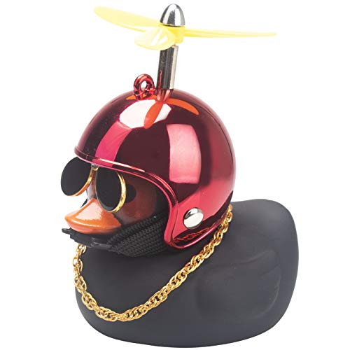 wonuu Rubber Duck Car Decorations Black Duck Car Dashboard Ornaments with Propeller Helmet (Black-Brilliant Red)
