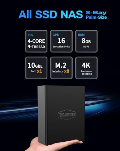 Image of TERRAMASTER F8 SSD NAS Storage - 8Bay All SSD NAS Server N95 QuadCore CPU, 8GB DDR5 RAM, 10GbE Port, 8 Heat Sinks Included, Palm-Sized Powerful Network Attached Storage (Diskless)