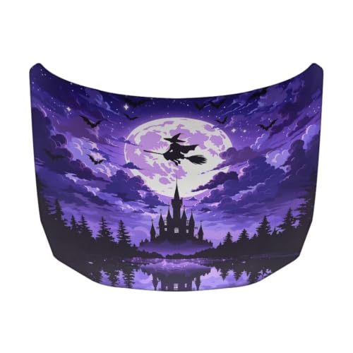Image of Car Hood Cover Protector Witch Castle Halloween Print Waterproof Car Hood Wrap Blanket Auto Flag Automotive Halloween Exterior Accessories for Sedans SUVs Pickups Trucks Jeeps