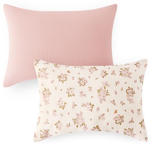 EXQ Home Muslin Toddler Pillowcases for 13x18 Pillow, Small Pillow Case Fits Baby Pillow Sized 12x16, 13x18, 100% Cotton Travel Pillow Case Cover 2 Pack for Baby with Envelope Closure (Pink Blossom)