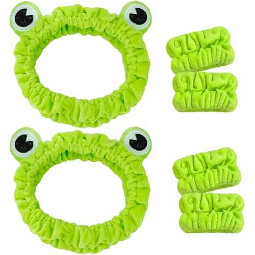 Tihebax Skincare Headband Frog - 6pcs Set: 2 Green Frog Headbands for Skincare & 4 Wristbands for Washing Face - Non-Slip, Adjustable, Soft Microfiber, Warm Gift for Women, Girls