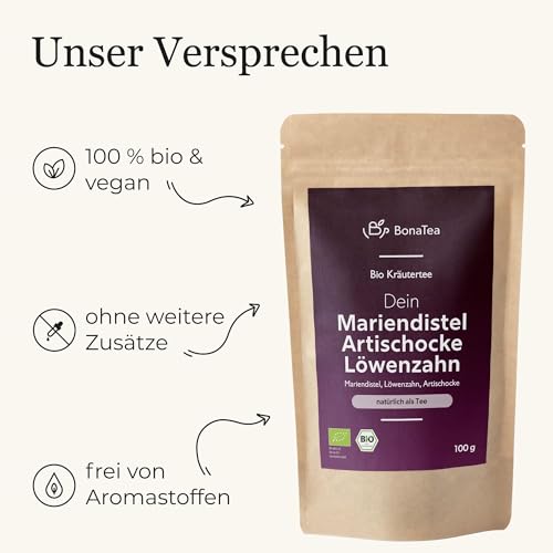 BIO Mariendistel Artischocke Löwenzahn Tee – BonaTea Pure3 Kräutertee ohne Zusatzstoffe und ohne Aromastoffe 100 g - Jetzt als Tee!