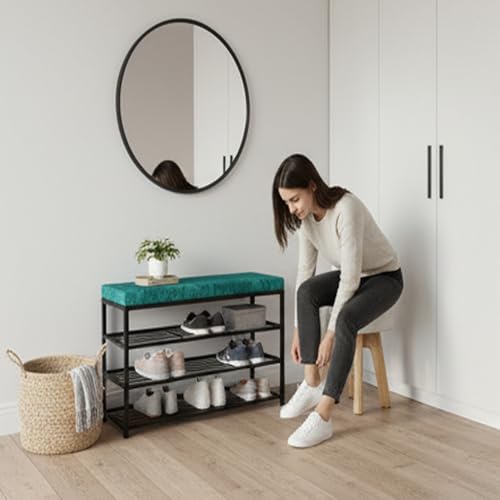 Image of Metal Shoe Rack Bench for Entryway | 3-Tier Shoe Organizer with Comfortable Cushion | Multipurpose Hallway Storage Furniture (Black, Heavy Duty Steel) (Black-Green, 3-Tier Rack)