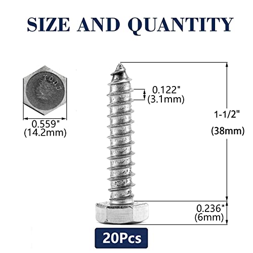 Image of 3 /8 inch x 1-1 /2 inch Hex Head Lag Screws Bolts 20Pcs 304 Stainless Steel 18-8, Partial Thread, Hexagon Head Wood Screws by SG TZH