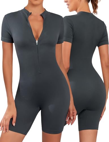 Voqeen Mono de Mujer Deportivo Corto Elegante Monos de Yoga Ajustado Sexy Jumpsuit Manga Corto con Cremallera Elásticos Fitness Overol de Una Pieza Deporte de Punto Acanalado