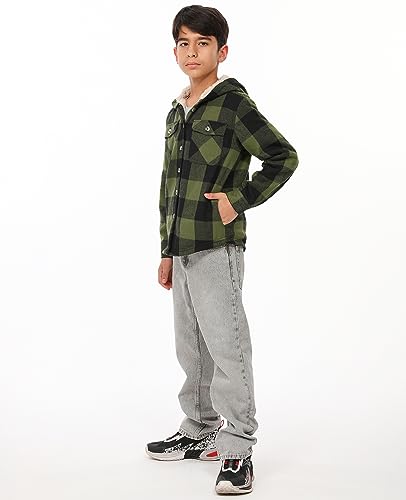 Image of ZENTHACE Boys Sherpa Fleece Lined Flannel Plaid Button Down Shirt Jacket,Hooded Flannel Shirt with Hand Pockets
